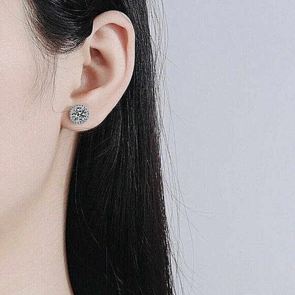4 Ct Halo Round Cut Stud Earrings 14K White Gold Push Back 8mm